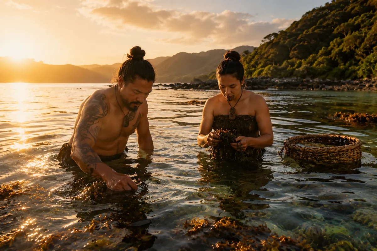 Tūpuna harvesting kaimoana at dawn